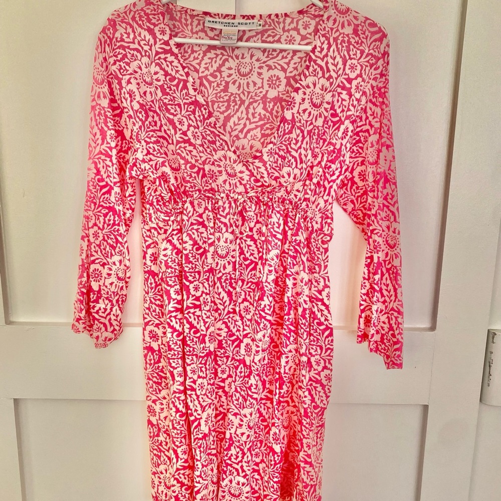 Gretchen Scott - Light cotton tunic with draw string.  Pink and white. Size M